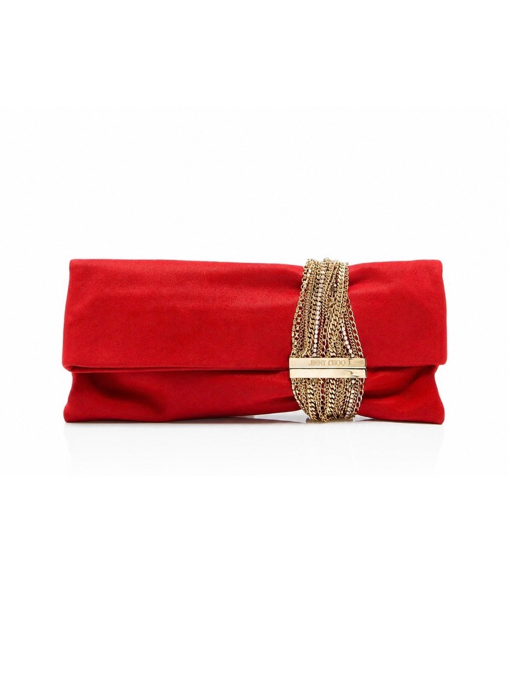 Jimmy Choo Chandra Red Shimmer Fold-Over Clutch with Gold Chain Accent